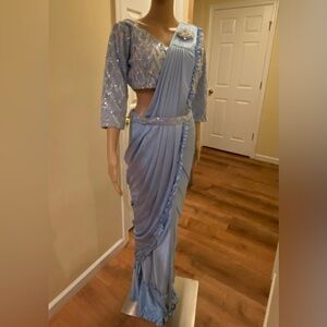 Elegant Light Blue Sequin One Minute Ready to Wear Saree